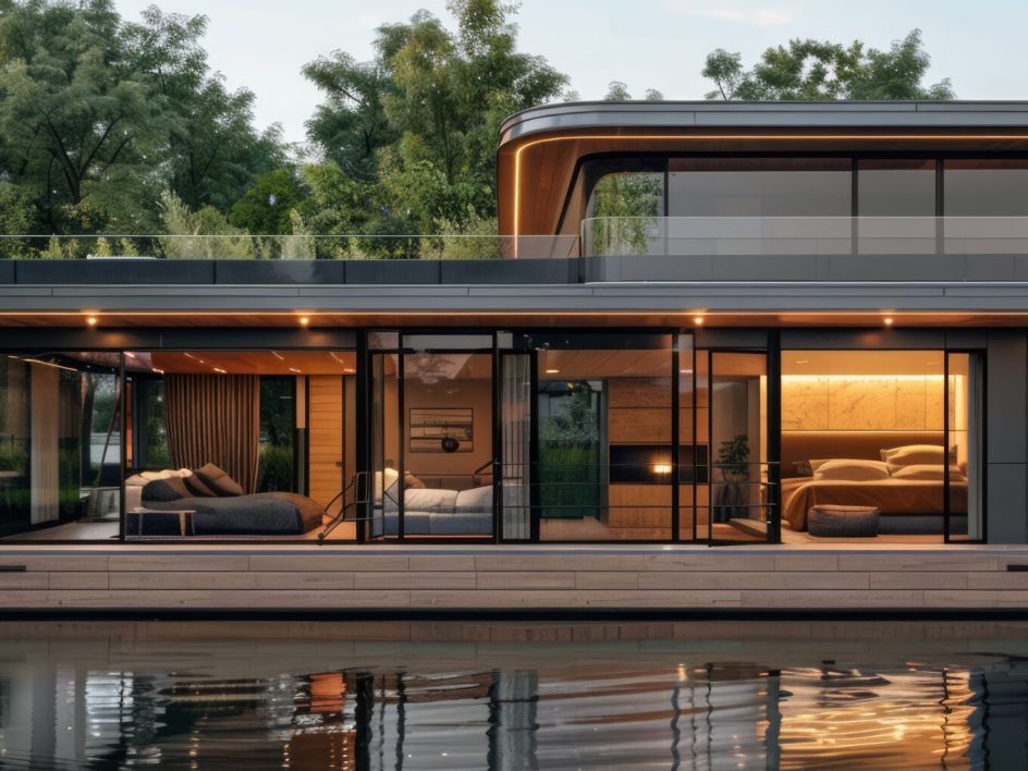 Modern houseboat with a rooftop terrace.