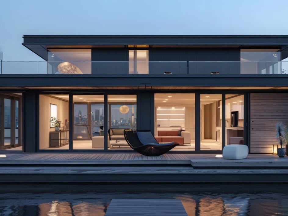 Modern houseboat with sleek lines and rooftop deck.